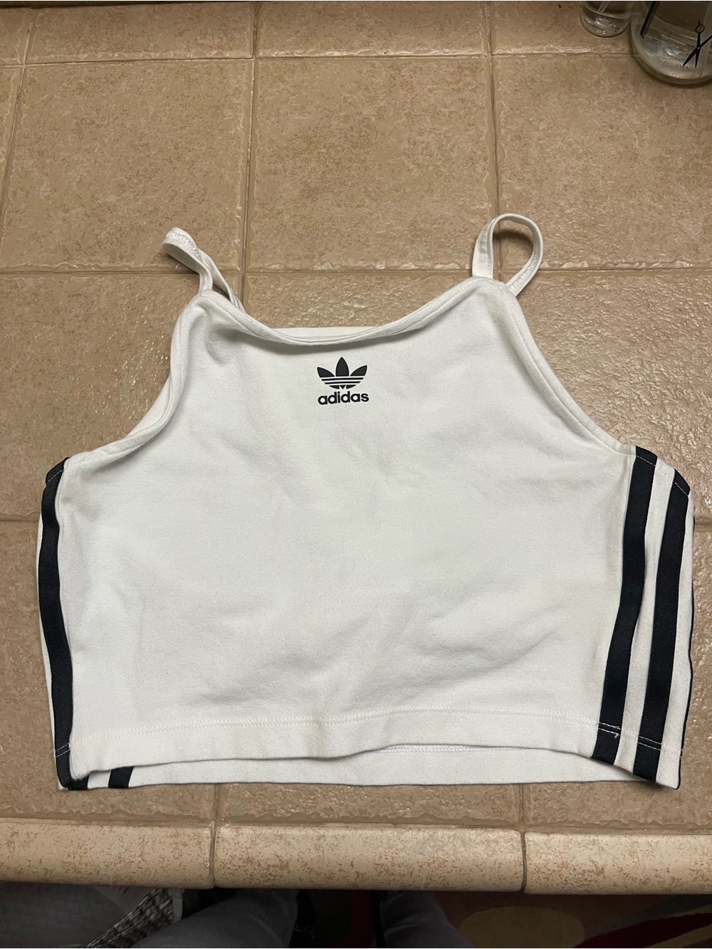 adidas White Cropped Tank with Black Side Stripes